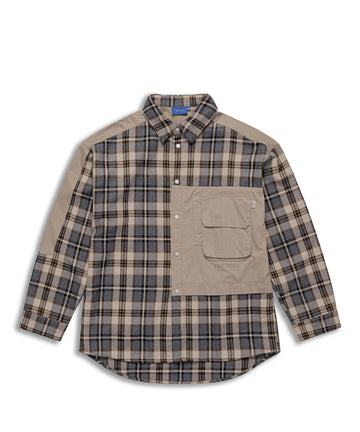 Cargo pocket asymmetrical plaid patchwork shirt